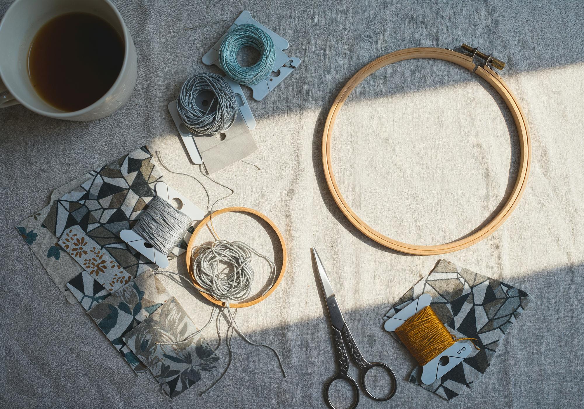 work table with embroidery hoop, threads and sketches